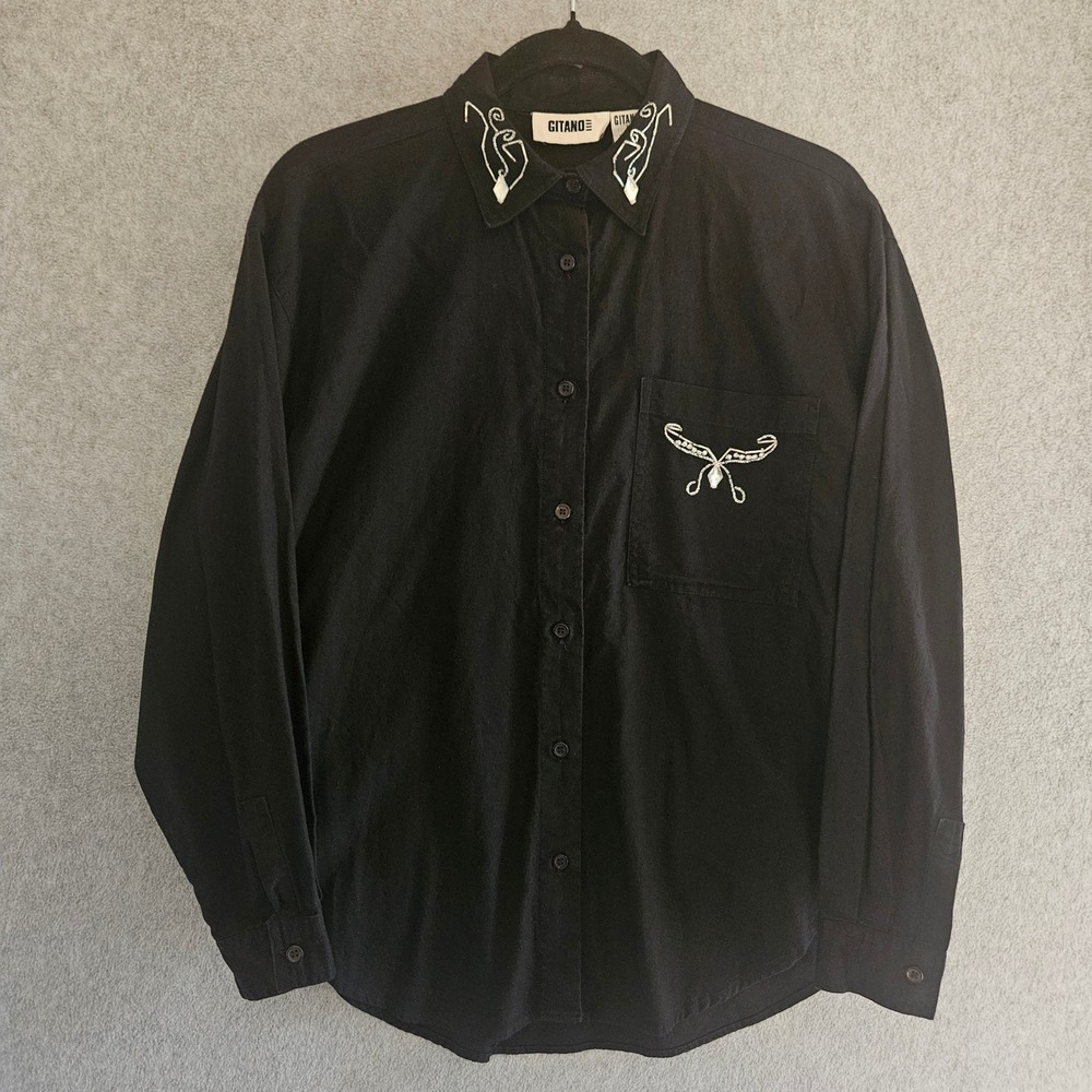 GITANO Beaded Western Shirt Womens M Black Embroidered Cotton Vintage Cowboy Top